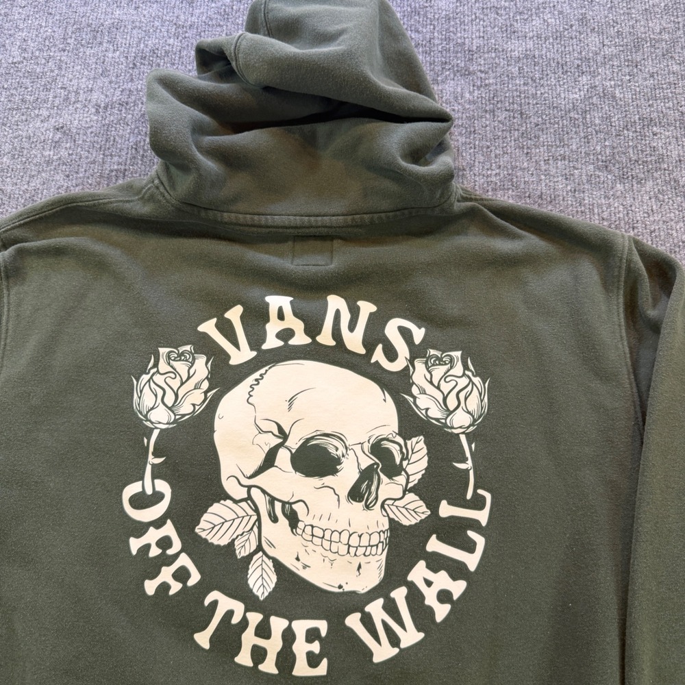 Vans Off The Wall Mens Large Green Skull Rose Graphic Pullover Hoodie Classic